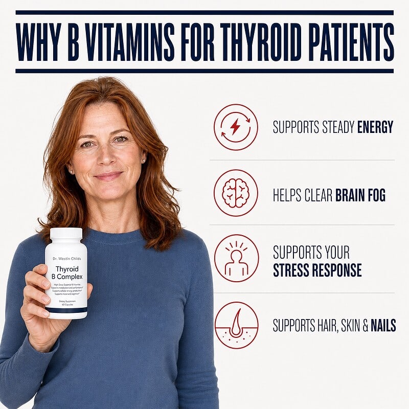 Woman holding Thyroid B Complex with benefits for energy, brain fog, stress response, hair, skin, and nails.