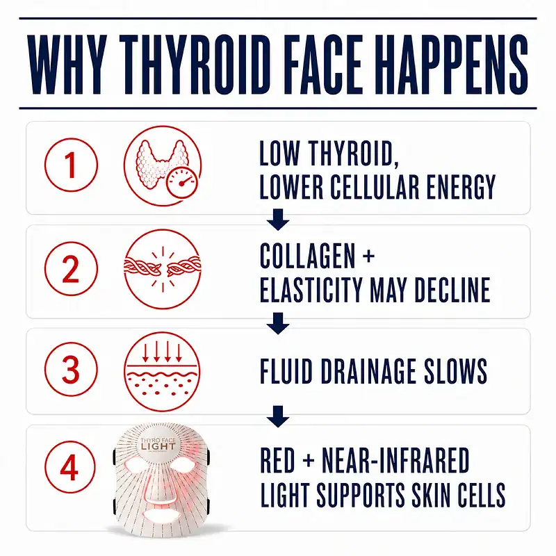 Diagram showing how low thyroid function may reduce cellular energy, affect collagen and elasticity, slow fluid drainage, and how Thyro Face Light supports skin cells.