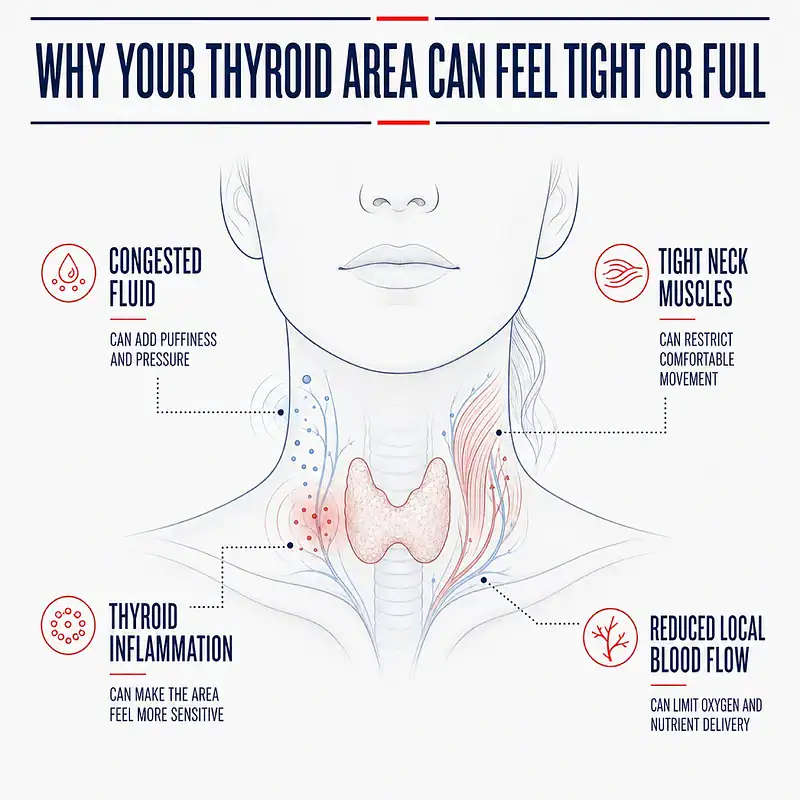Clinical neck diagram showing congested fluid, tight neck muscles, thyroid inflammation, and reduced local blood flow around the thyroid area.