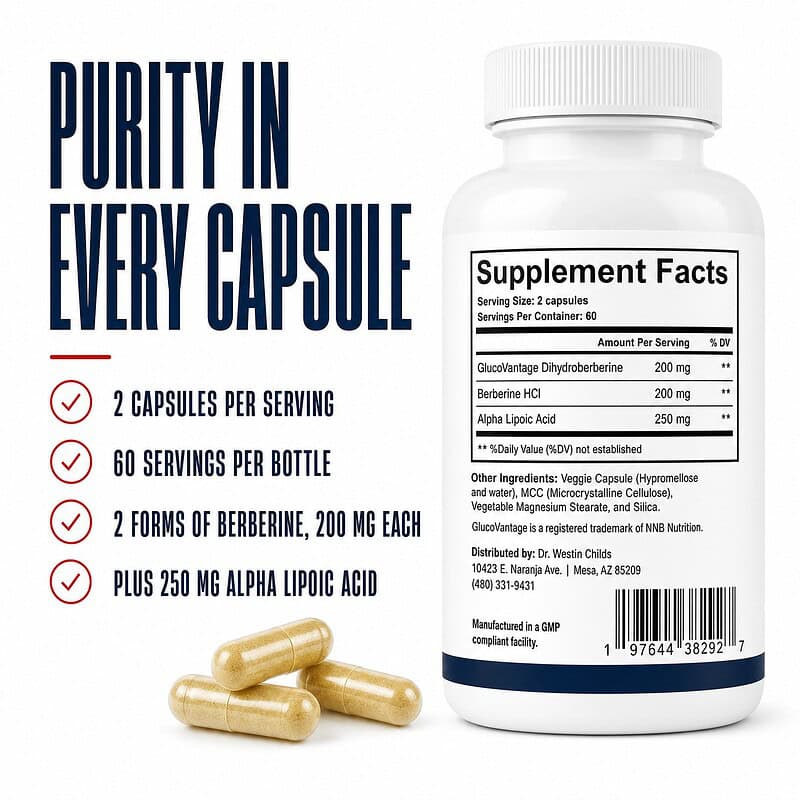 Berberine 500+ Supplement Facts panel: 2 capsules per serving, 60 servings per bottle, GlucoVantage dihydroberberine 200 mg, berberine HCl 200 mg, and alpha lipoic acid 250 mg