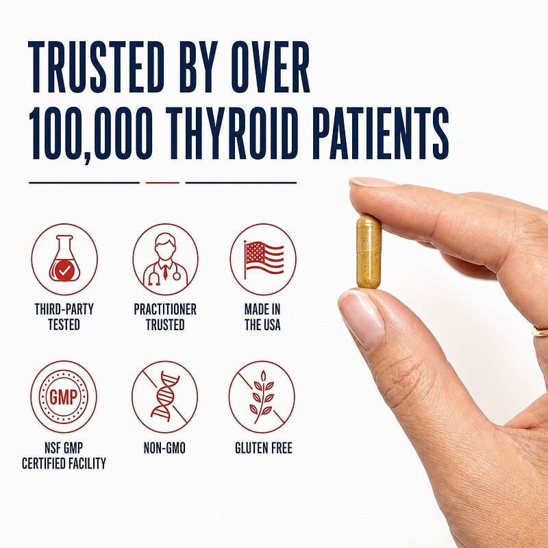 Hand holding a golden Berberine 500+ capsule with third-party tested, practitioner trusted, made in the USA, NSF GMP, non-GMO, and gluten free badges