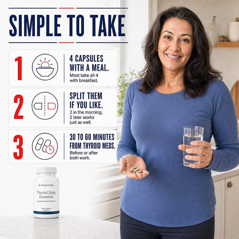 Woman taking Thyroid Daily Essentials: 4 capsules with a meal, split them if you like, 30 to 60 minutes from thyroid medication