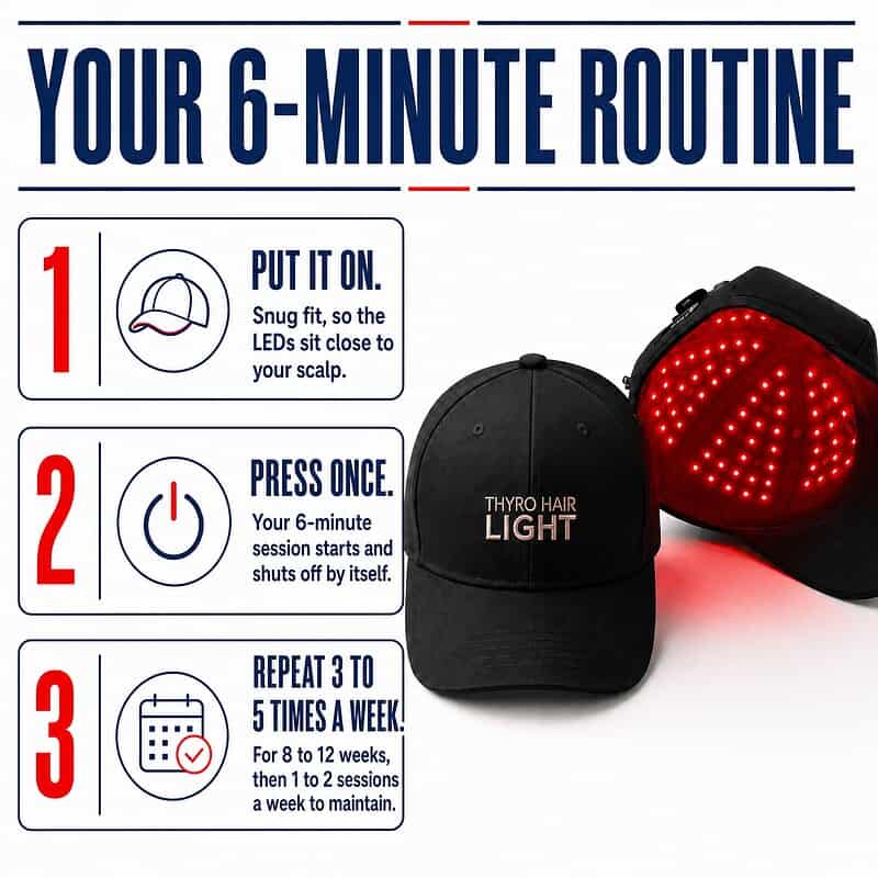 How to use the Thyro Hair Light: put it on, press once, and repeat 3 to 5 times a week