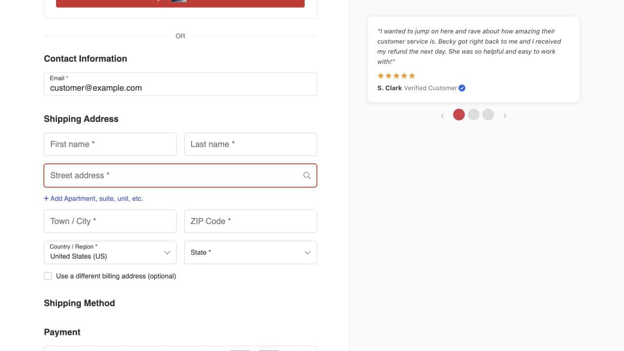 Current checkout page showing contact, shipping, and payment fields