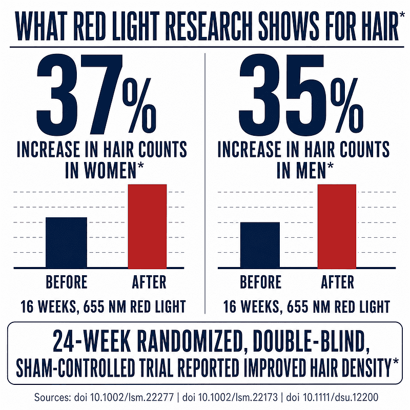 Red light research showing a 37% increase in hair counts in women and 35% in men after 16 weeks of 655 nm red light