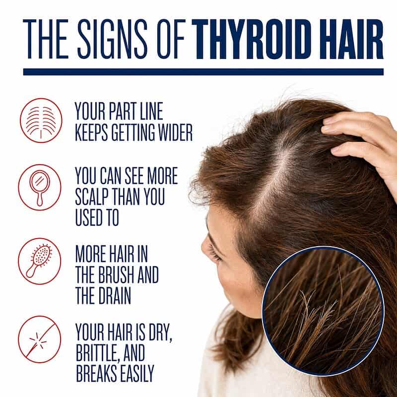 The signs of thyroid hair: a part line that keeps getting wider, more visible scalp, more hair in the brush and the drain, and hair that is dry, brittle and breaks easily