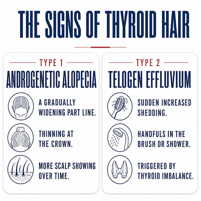 The signs of thyroid hair: androgenetic alopecia with a gradually widening part line, and telogen effluvium with sudden shedding triggered by thyroid imbalance