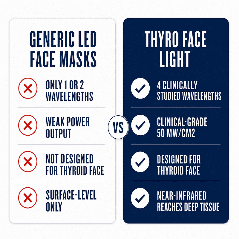 Comparison of generic LED face masks and Thyro Face Light, including wavelengths, power output, thyroid-related design, and tissue depth.