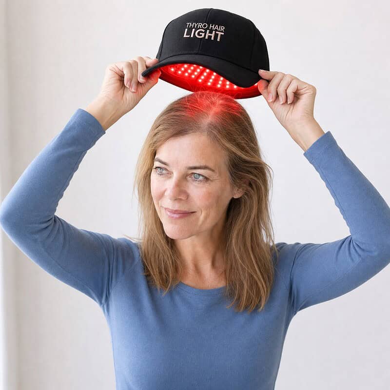 Woman lifting the Thyro Hair Light cap off her head with the red LED array lighting her thinning part line