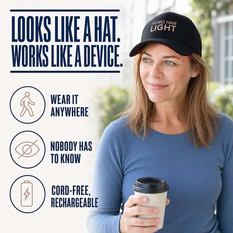 Woman wearing the Thyro Hair Light cap on a morning walk, wear it anywhere, nobody has to know, cord-free and rechargeable