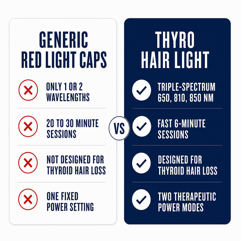 Comparison of generic red light caps versus the Thyro Hair Light, designed for thyroid hair loss with fast 6-minute sessions