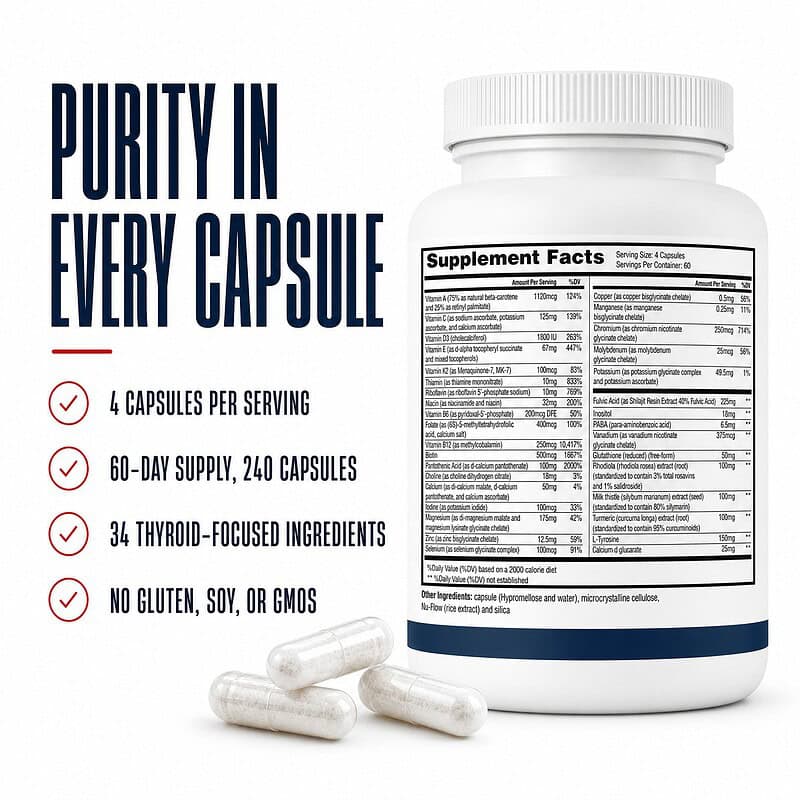 Thyroid Daily Essentials supplement facts panel with 4 capsules per serving, a 60-day supply of 240 capsules, 34 thyroid-focused ingredients, and no gluten, soy, or GMOs