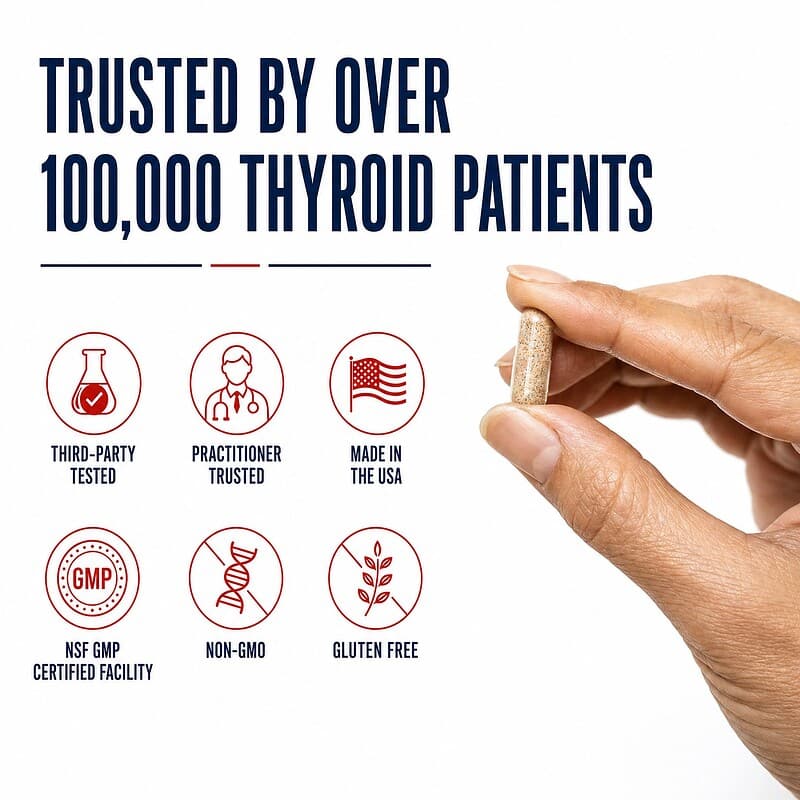 Hand holding a Thyroid Daily Essentials capsule with third-party tested, practitioner trusted, made in the USA, NSF GMP, non-GMO, and gluten free badges