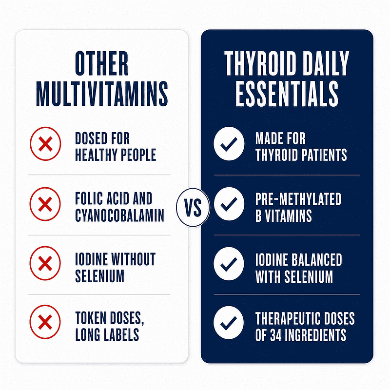 Comparison of other multivitamins versus Thyroid Daily Essentials, made for thyroid patients with pre-methylated B vitamins and iodine balanced with selenium