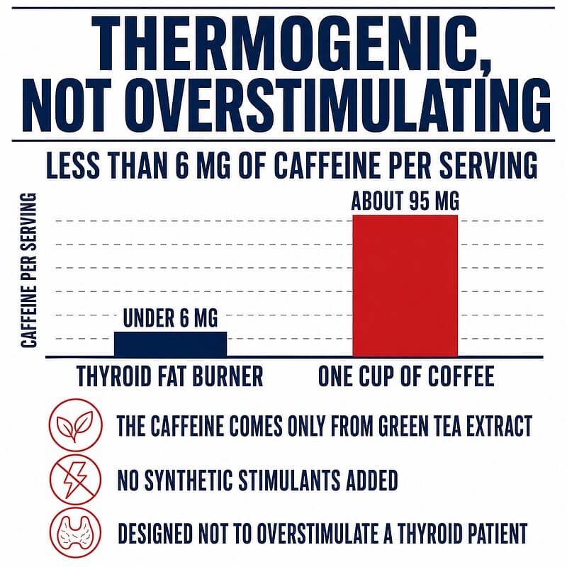 Thyroid Fat Burner has less than 6 mg of caffeine per serving compared with about 95 mg in a cup of coffee, with caffeine only from green tea extract and no synthetic stimulants added