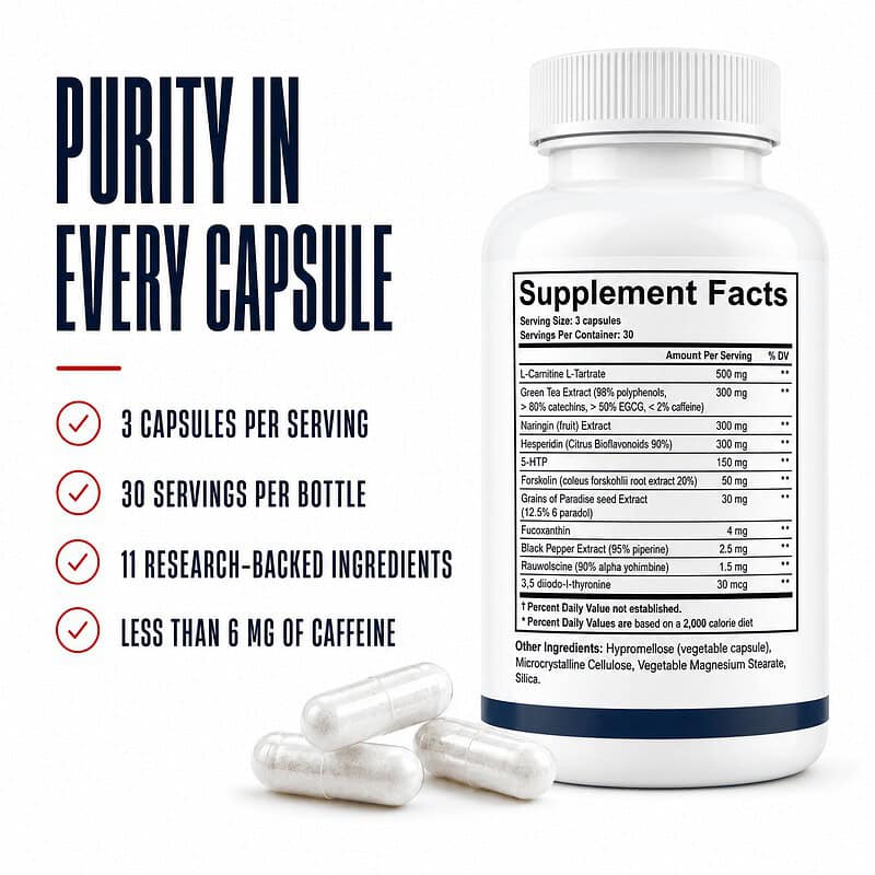 Thyroid Fat Burner Supplement Facts panel: 3 capsules per serving, 30 servings per bottle, 11 research-backed ingredients including L-carnitine, green tea extract, forskolin and 30 mcg of T2, with less than 6 mg of caffeine