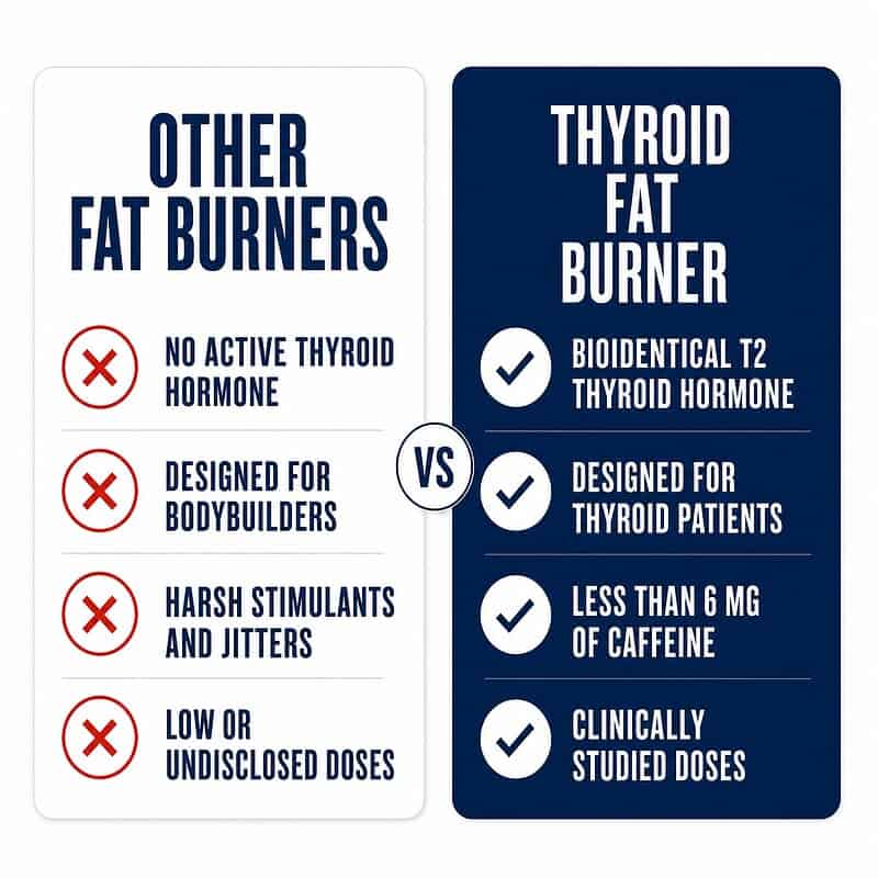 Other fat burners versus Thyroid Fat Burner: bioidentical T2 thyroid hormone, designed for thyroid patients rather than bodybuilders, less than 6 mg of caffeine, and clinically studied doses