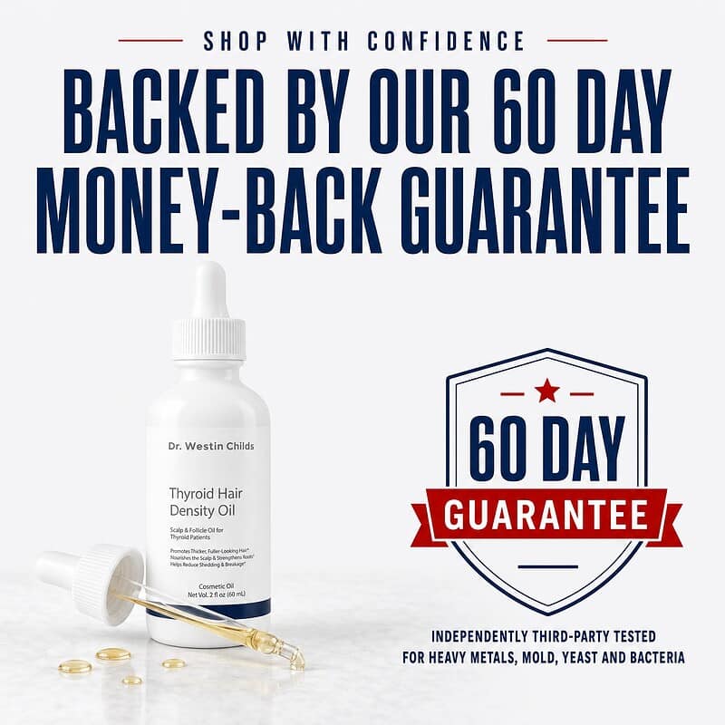 Thyroid Hair Density Oil is backed by a 60 day money-back guarantee and is independently third-party tested for heavy metals, mold, yeast and bacteria