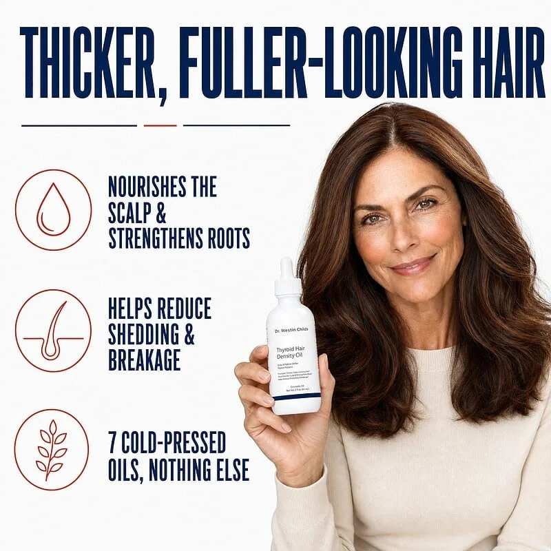 Woman holding Thyroid Hair Density Oil, which nourishes the scalp and strengthens roots, helps reduce shedding and breakage, and contains 7 cold-pressed oils and nothing else