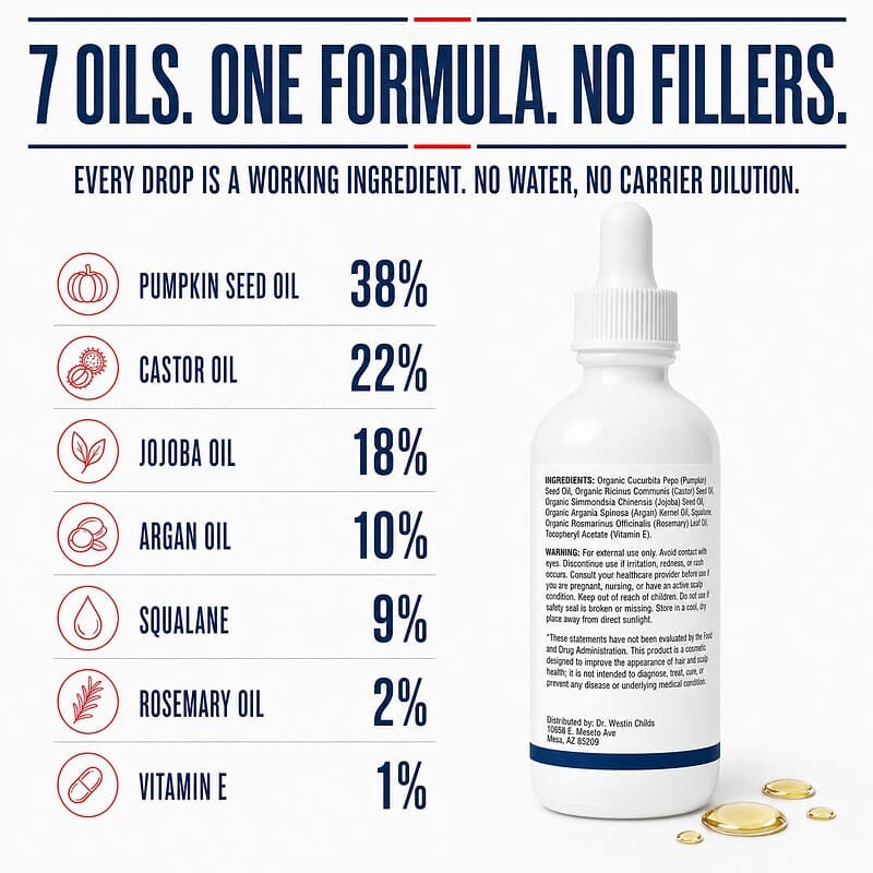 What is inside Thyroid Hair Density Oil: 38% pumpkin seed oil, 22% castor oil, 18% jojoba oil, 10% argan oil, 9% squalane, 2% rosemary oil and 1% vitamin E, with no water and no carrier dilution