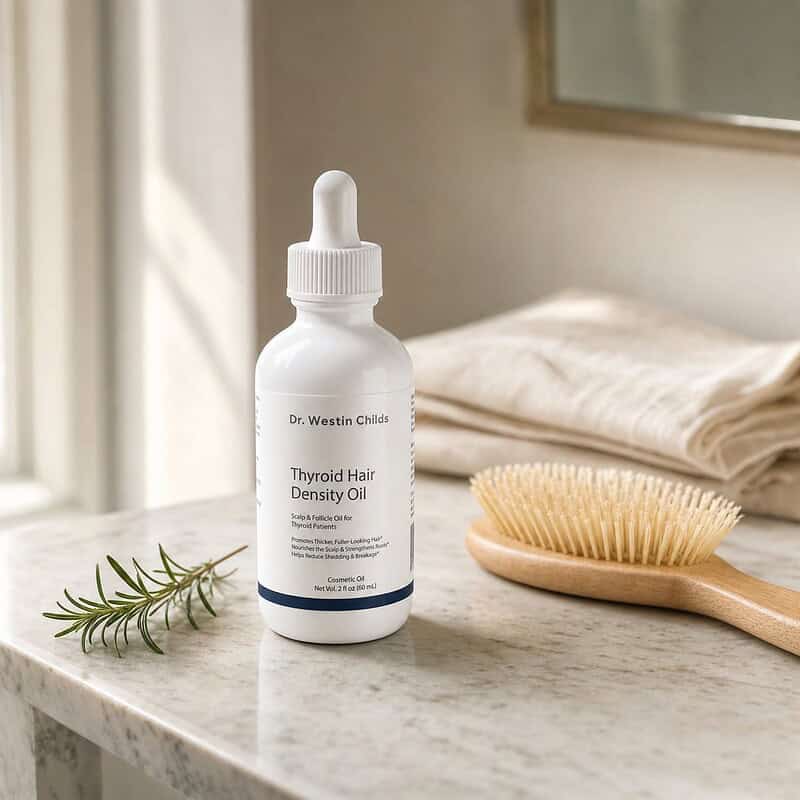 Thyroid Hair Density Oil bottle on a marble bathroom counter in morning light beside a wooden hairbrush and a sprig of fresh rosemary