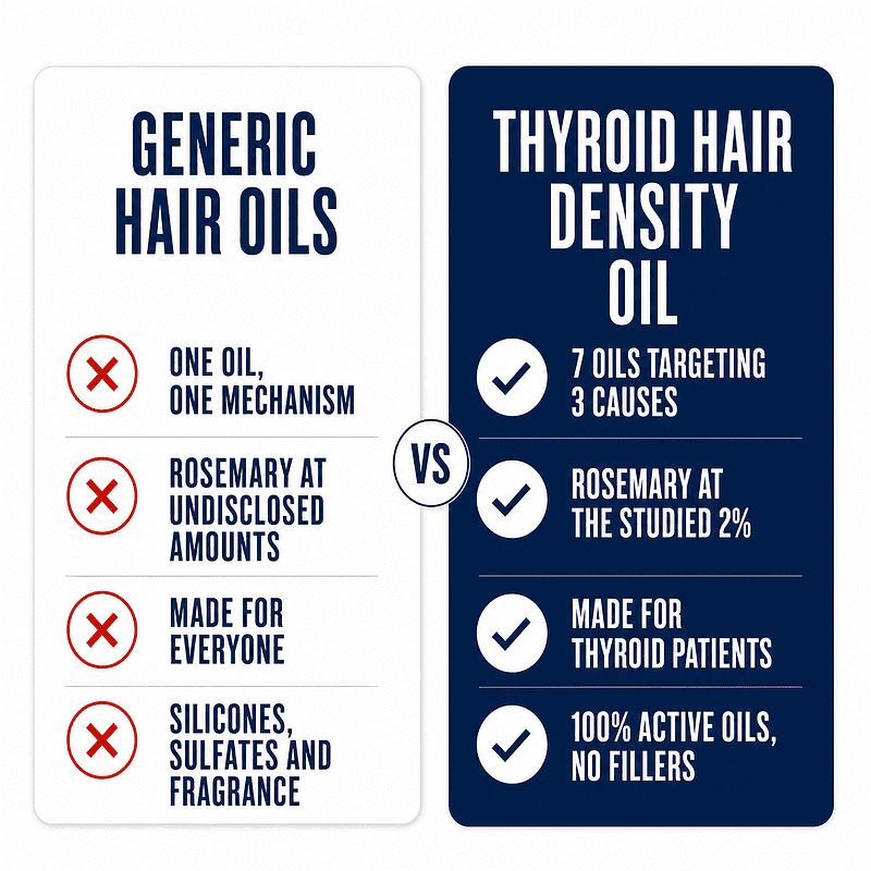Generic hair oils versus Thyroid Hair Density Oil: 7 oils targeting 3 causes, rosemary at the studied 2%, made for thyroid patients, and 100% active oils with no fillers