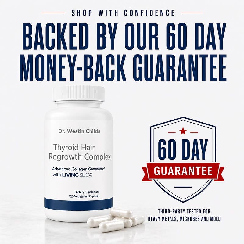 Thyroid Hair Regrowth Complex is backed by a 60 day money-back guarantee and third-party tested for heavy metals, microbes and mold