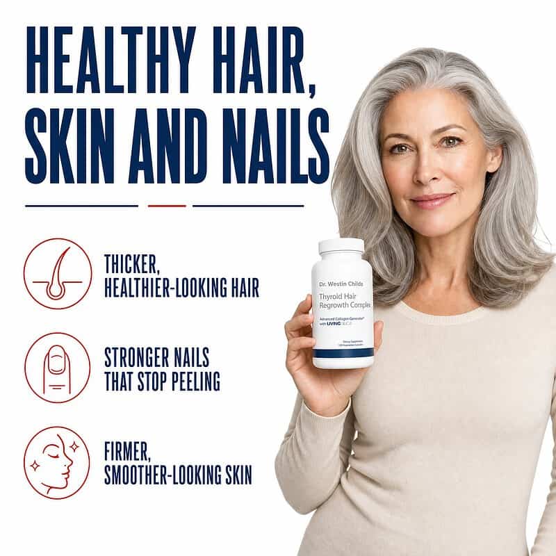 Woman holding Thyroid Hair Regrowth Complex, which supports thicker healthier-looking hair, stronger nails that stop peeling, and firmer smoother-looking skin