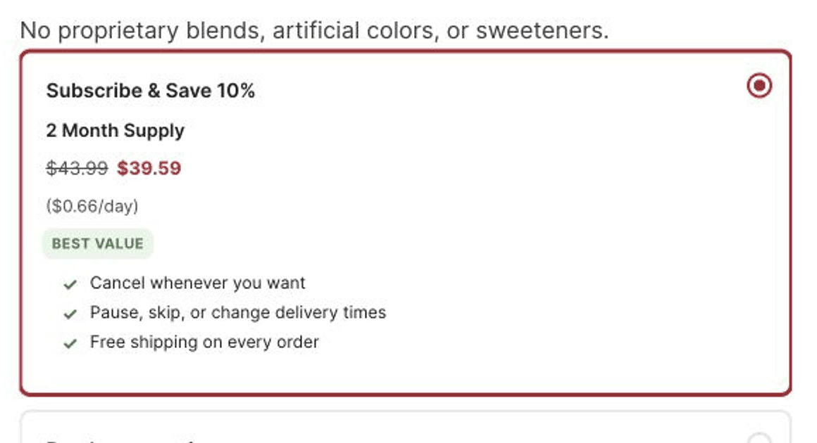 Select the current Subscribe and Save purchase option on a Dr. Westin Childs supplement product page