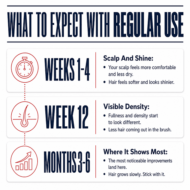What to expect with regular use of Thyroid Hair Density Oil: scalp comfort and shine in weeks 1 to 4, visible density around week 12, and the most noticeable improvements in months 3 to 6