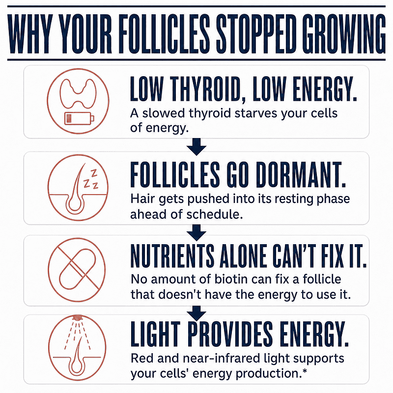 Diagram showing how a slowed thyroid starves cells of energy, follicles go dormant, nutrients alone can't fix it, and red light provides energy