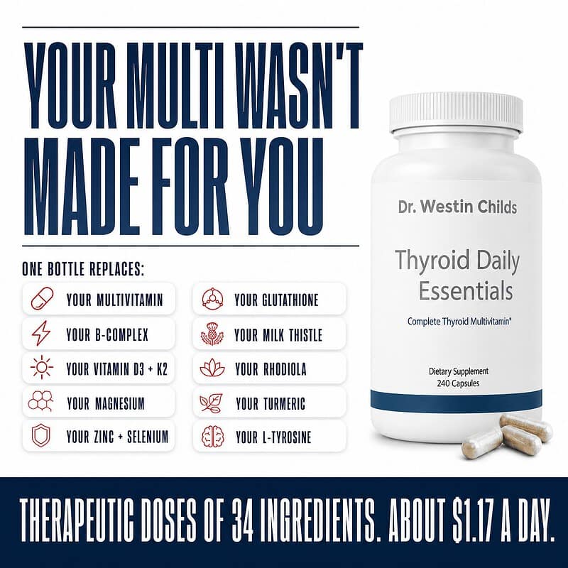 One bottle of Thyroid Daily Essentials replaces your multivitamin, B-complex, vitamin D3 and K2, magnesium, zinc and selenium, glutathione, milk thistle, rhodiola, turmeric, and L-tyrosine, with therapeutic doses of 34 ingredients for about $1.17 a day