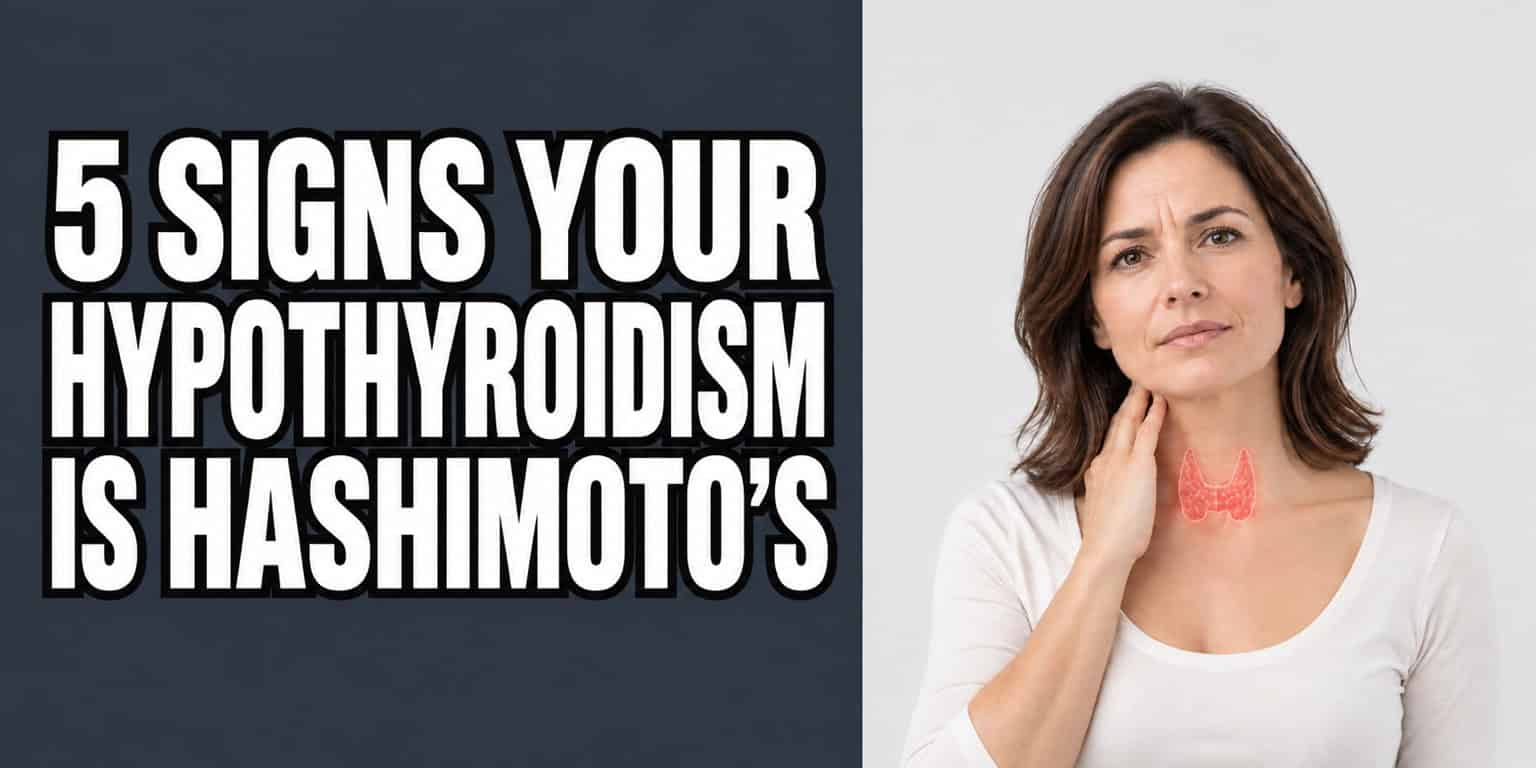 5 Signs Your Hypothyroidism is Hashimoto's, with a woman touching her neck and her thyroid highlighted in red.