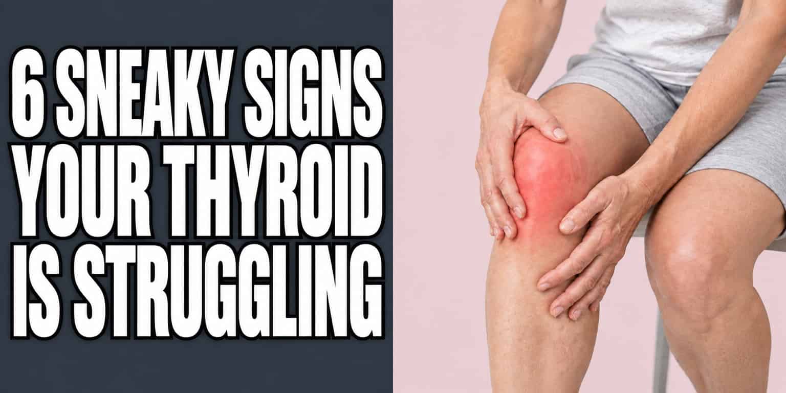 Woman holding a painful knee with a red highlight, with the headline 6 Sneaky Signs Your Thyroid Is Struggling.