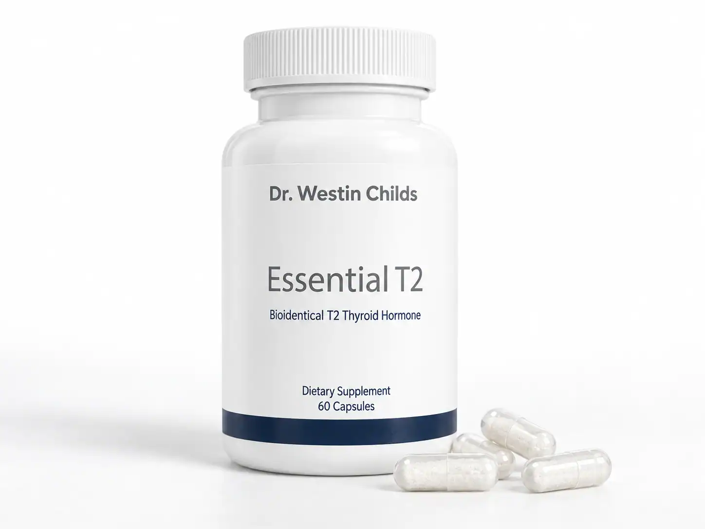 Essential T2 supplement bottle with four clear capsules on a white surface