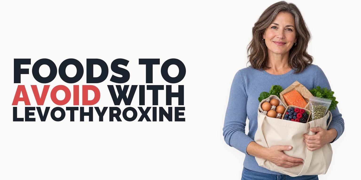 Foods to avoid with levothyroxine, with a woman holding eggs, salmon, berries, and pumpkin seeds