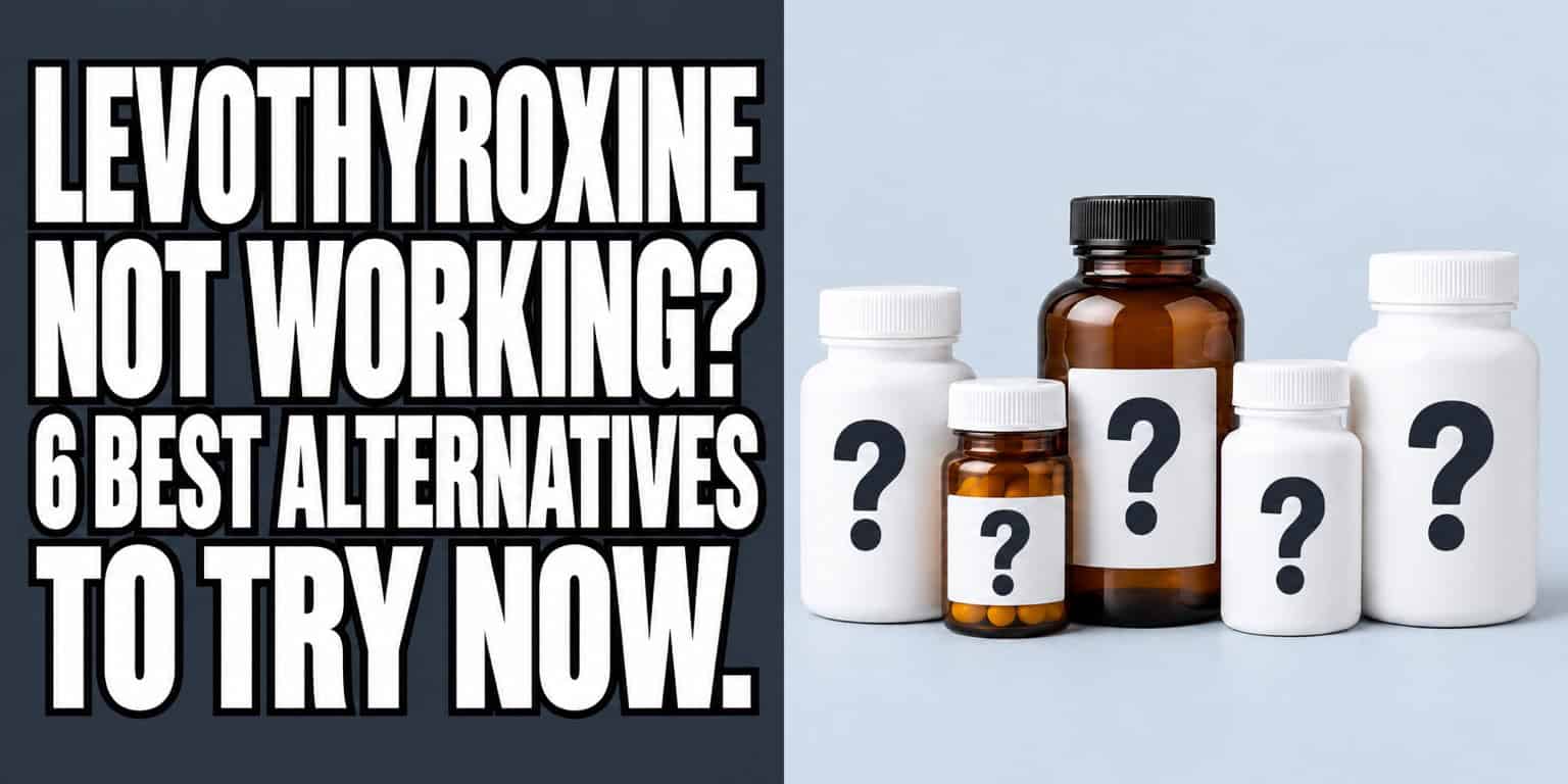Five white and amber medication bottles with question marks on a pale blue-gray background, with the headline Levothyroxine Not Working? 6 Best Alternatives to Try Now.