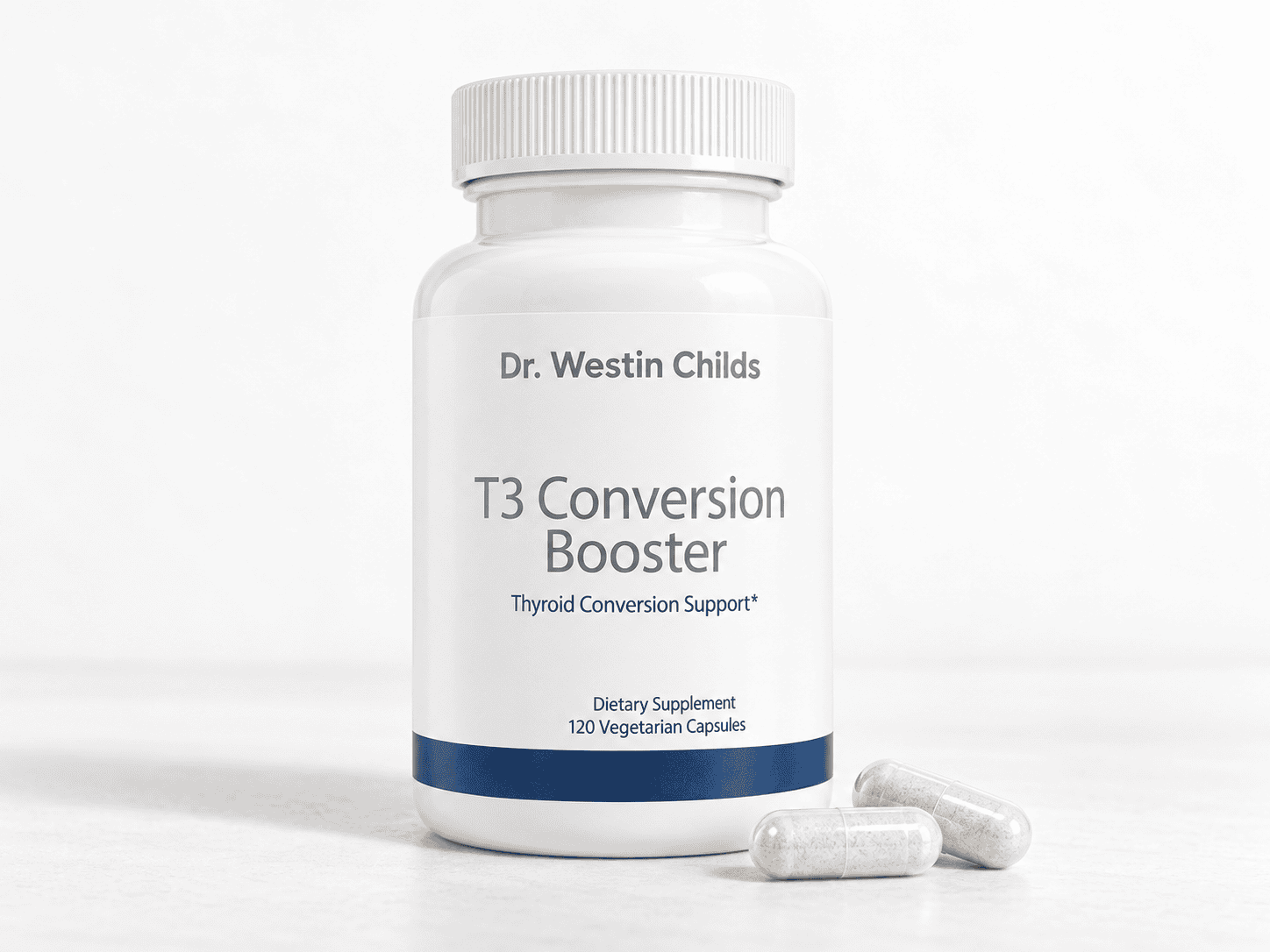 T3 Conversion Booster bottle with two capsules on a white tabletop
