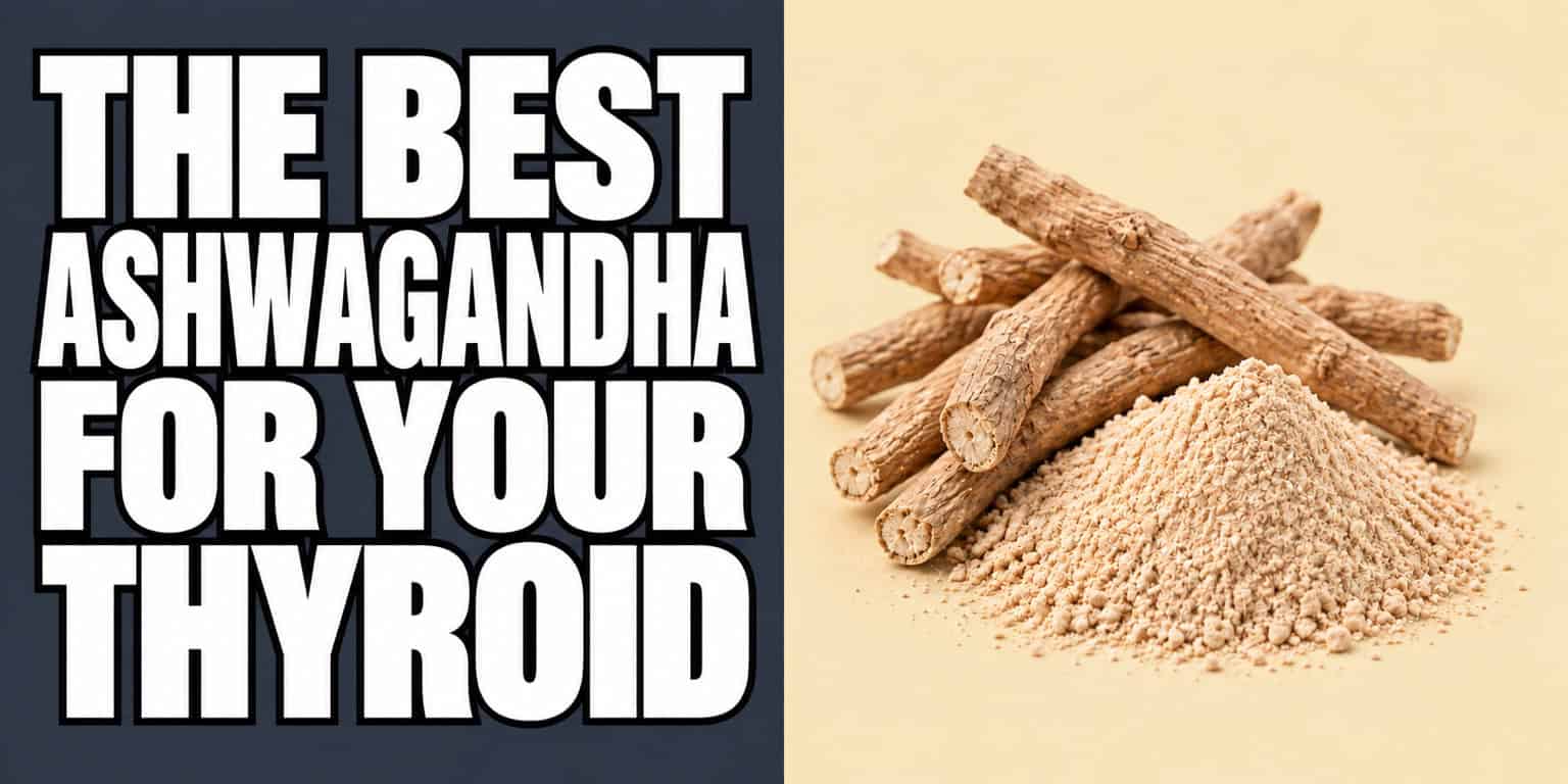 Dried ashwagandha roots and a mound of powder on a pale buttercream background, with the headline The Best Ashwagandha for Your Thyroid.