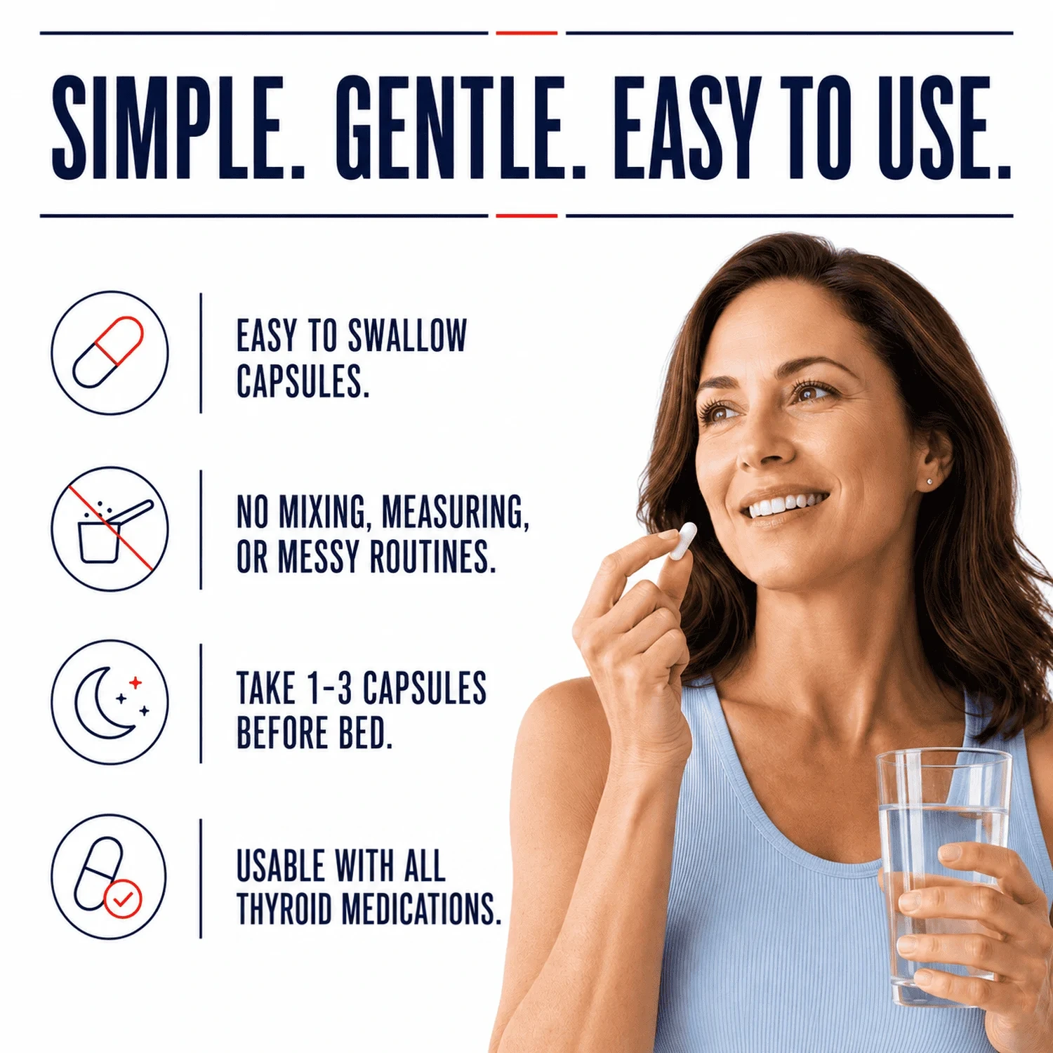 Woman holding a capsule and water beside Thyro Mag+ instructions for taking 1-3 capsules before bed and a note about use with thyroid medications.
