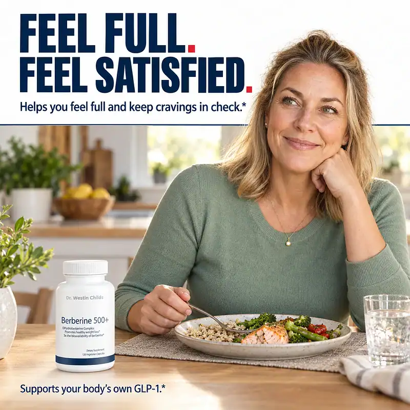 Woman enjoying lunch beside a Berberine 500+ bottle, with text about feeling full, keeping cravings in check, and supporting the body's own GLP-1.