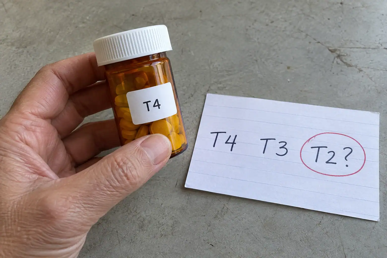 A hand holding a bottle marked T4 beside a card showing T4, T3, and T2 circled.