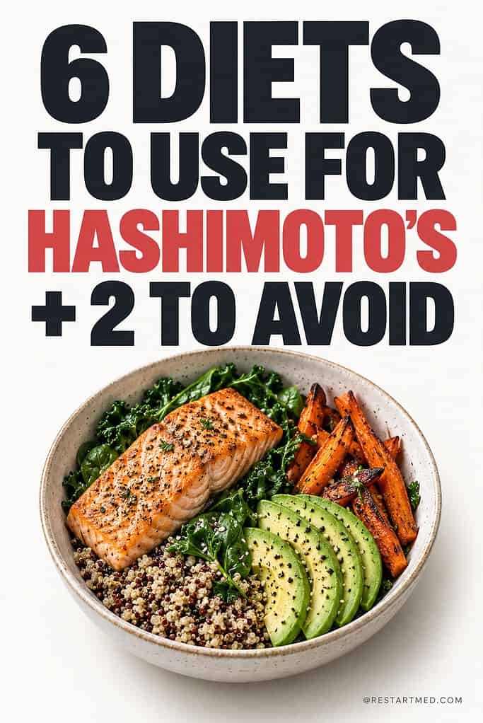 Six diets to use for Hashimoto’s and two to avoid, with a salmon and vegetable bowl.
