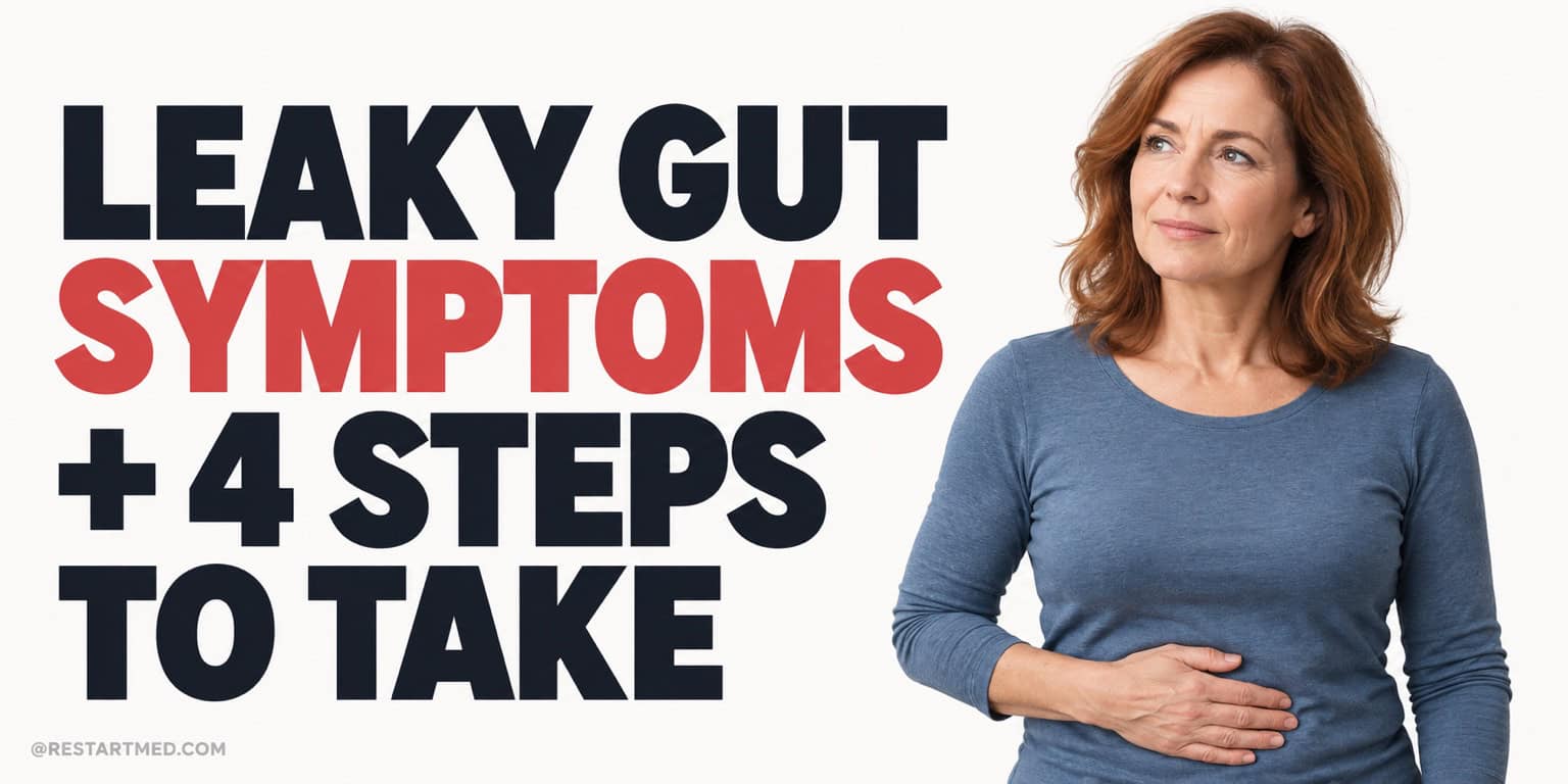 Leaky gut symptoms and four steps to take, with a woman resting her hand on her abdomen.