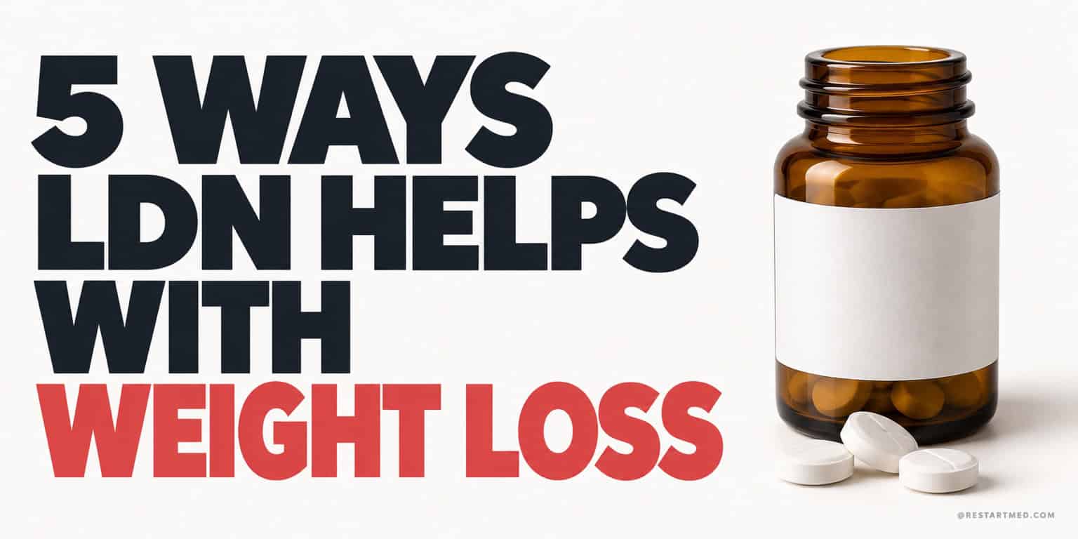 Five ways LDN helps with weight loss, with a medicine bottle and tablets.