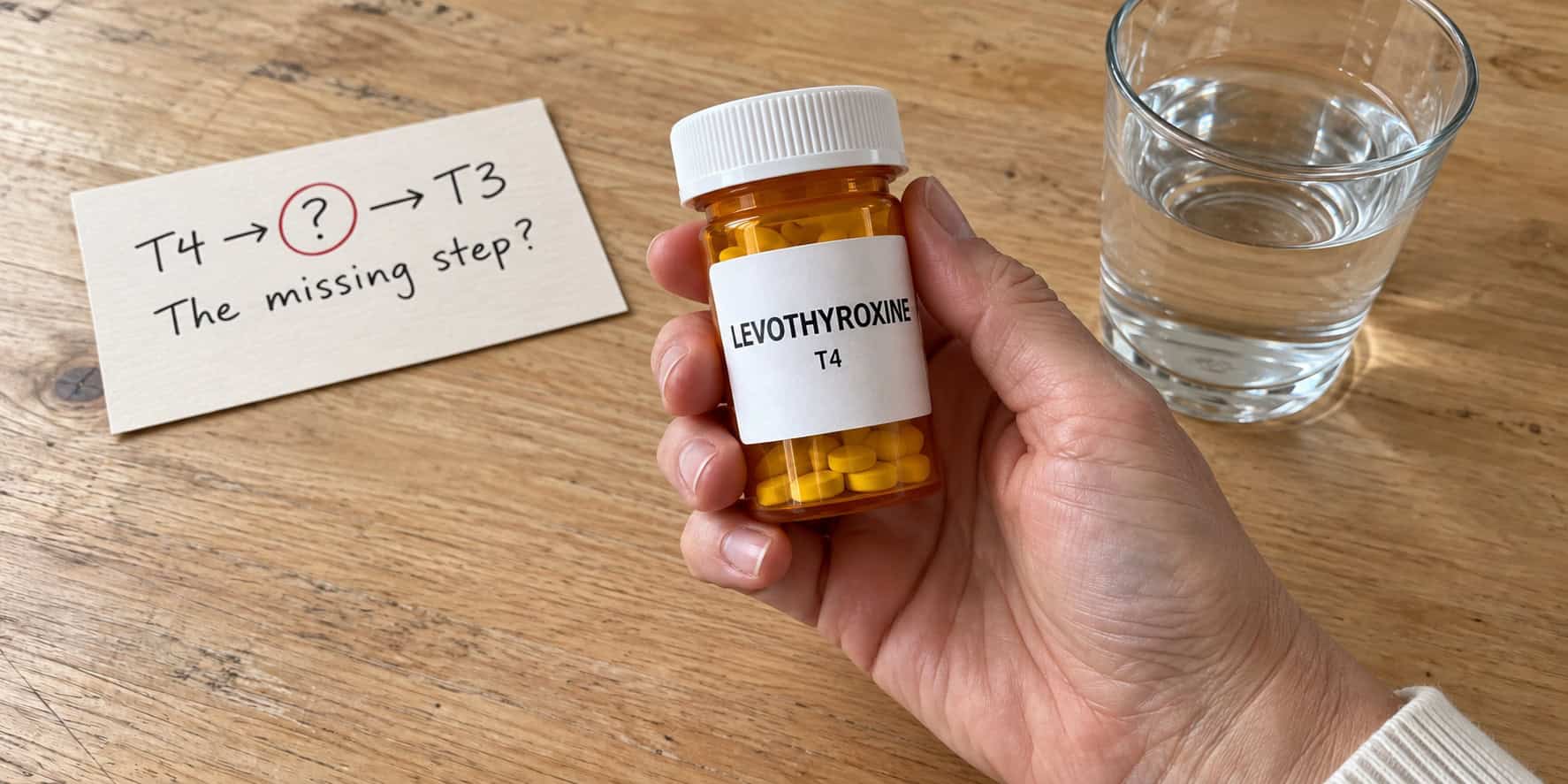 Hand holding a levothyroxine bottle beside a handwritten T4 to T3 notecard asking The missing step.