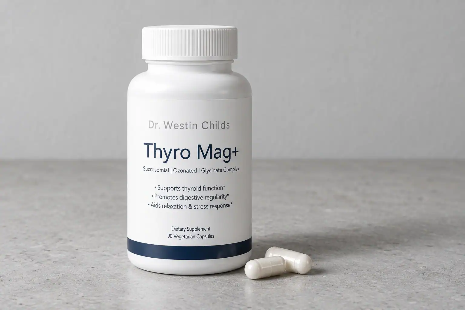 Thyro Mag+ bottle and two capsules on a neutral tabletop