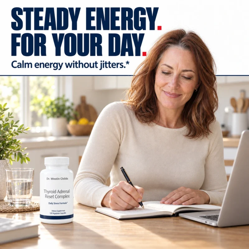 Woman writing at a kitchen table beside Thyroid Adrenal Reset Complex, with text: Steady energy for your day. Calm energy without jitters.