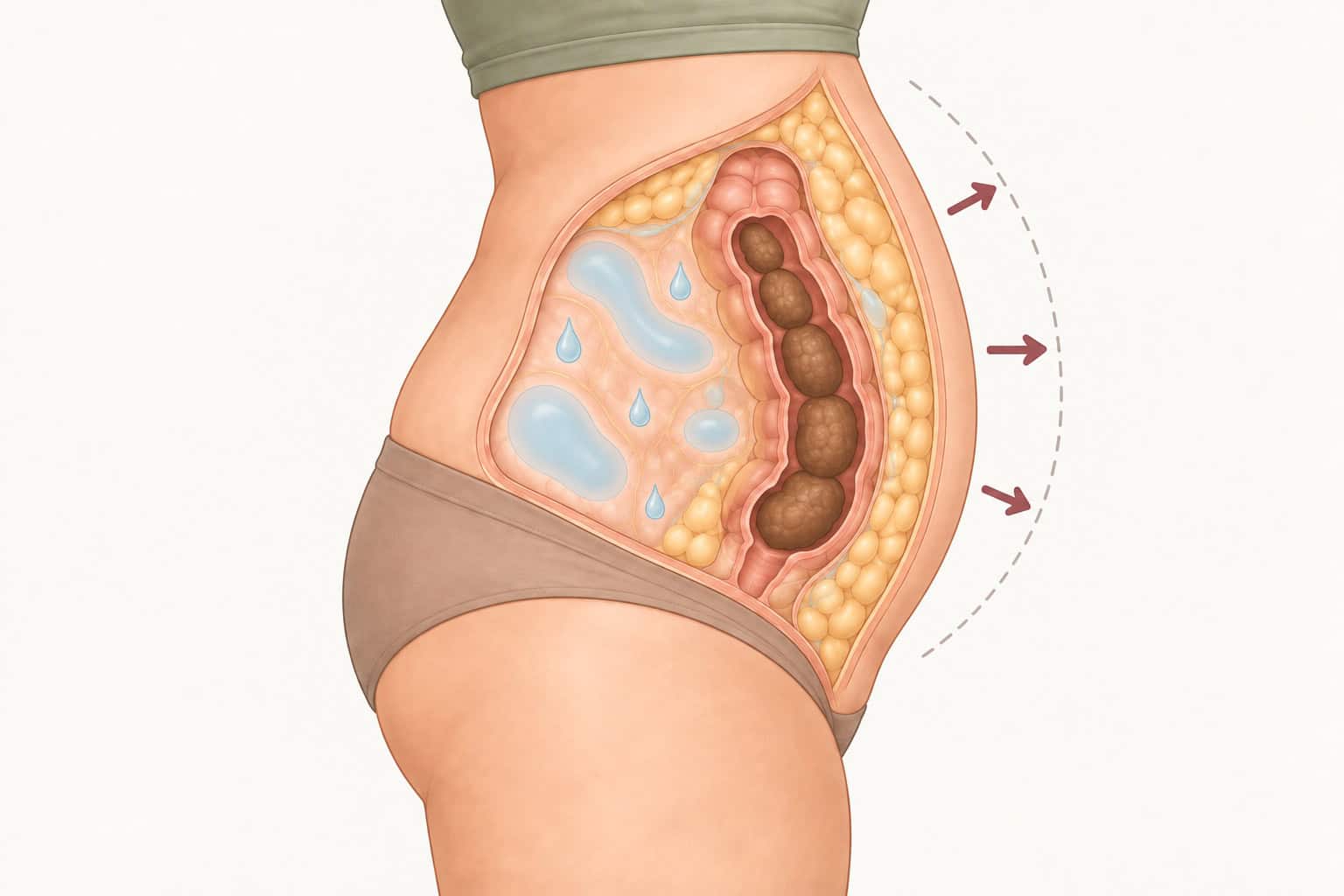 Simplified side cutaway showing fat, retained tissue fluid in blue, stool in the colon, and outward arrows illustrating abdominal swelling.