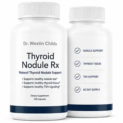 Thyroid Nodule Rx bottles with updated label and blue checkmarks for nodule support, thyroid tissue, TSH support, and a 60 day supply.